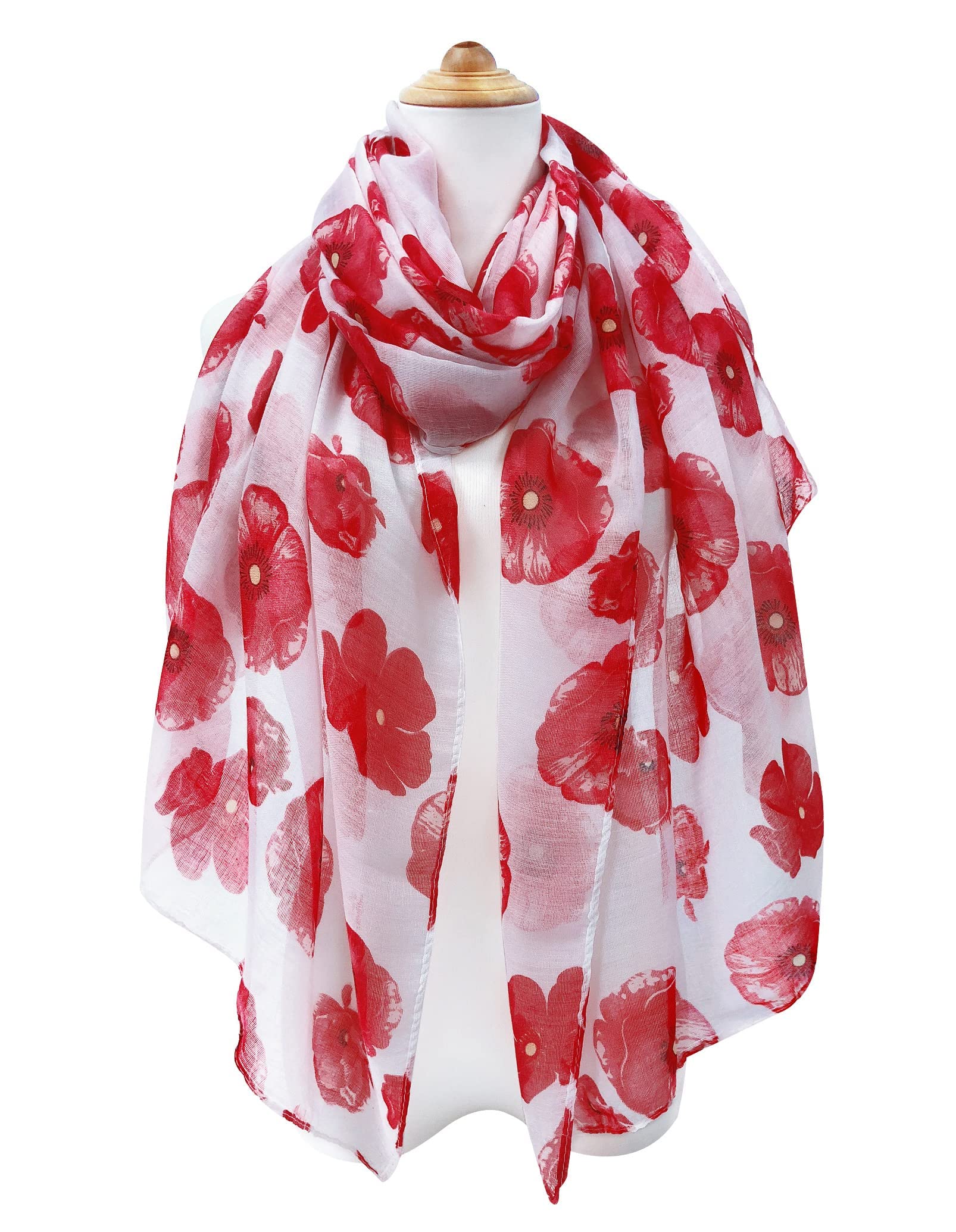 GERINLY Red Poppy Floral White Scarf for Women Oblong Shawl Wrap for Summer Travel Cotton Voile Beach Sarong