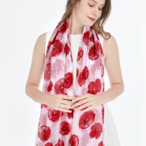 GERINLY Red Poppy Floral White Scarf for Women Oblong Shawl Wrap for Summer Travel Cotton Voile Beach Sarong