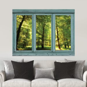 wall26 - vintage teal window looking out into a green forest and sun rays peeking through - wall mural, removable sticker, home decor - 36x48 inches