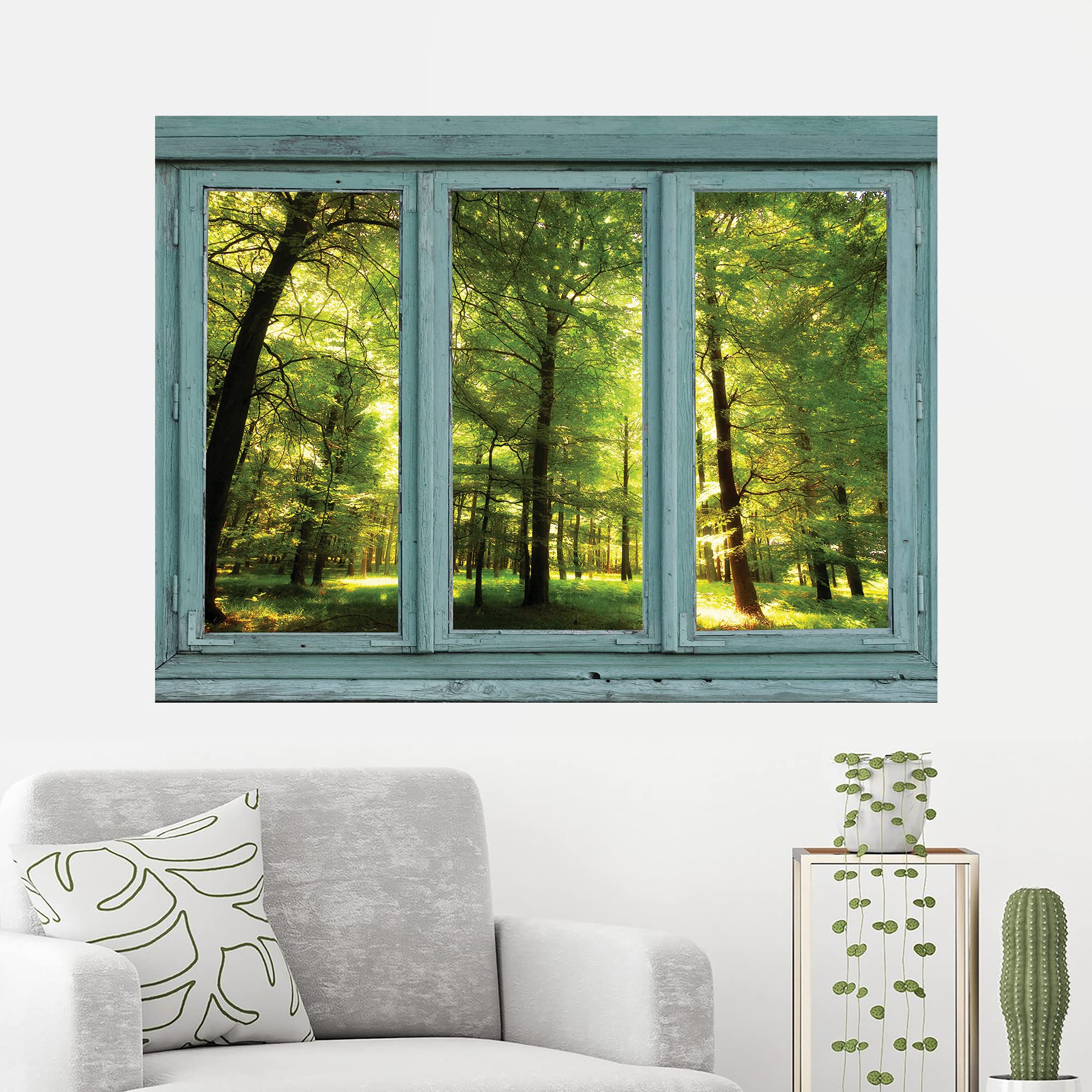 wall26 - Vintage Teal Window Looking Out Into a Green Forest and Sun Rays Peeking Through - Wall Mural, Removable Sticker, Home Decor - 36x48 inches