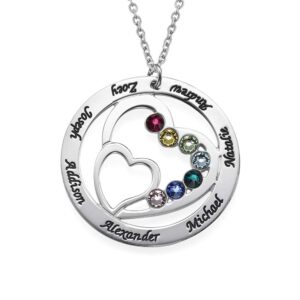 Heart in Heart Birthstone Necklace in Sterling Silver - Personalized Engraved with Any Name for Moms