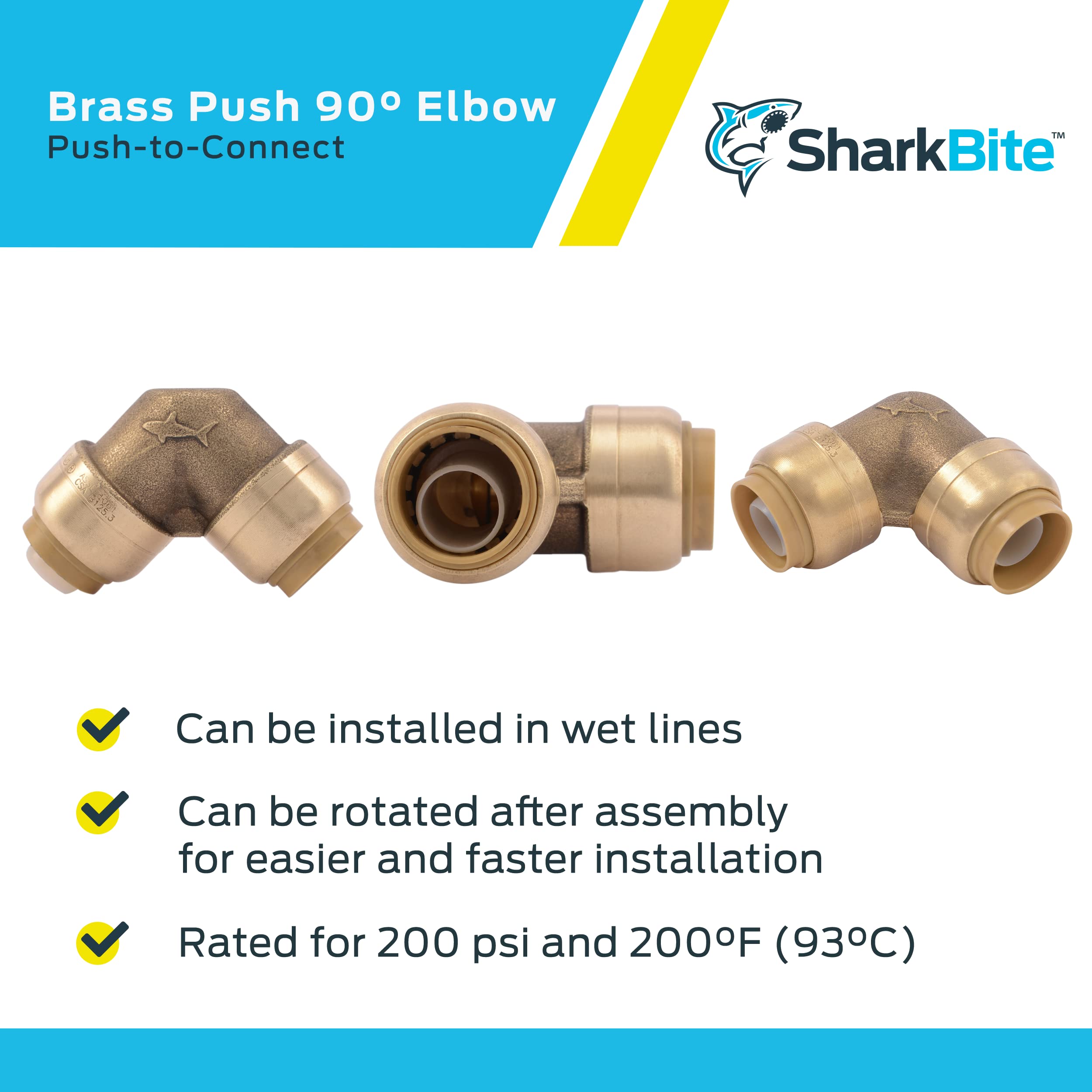 SharkBite 1/2 Inch 90 Degree Elbow, Pack of 4, Push to Connect Brass Plumbing Fitting, PEX Pipe, Copper, CPVC, PE-RT, HDPE, U248LFA4