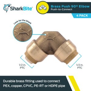 SharkBite 1/2 Inch 90 Degree Elbow, Pack of 4, Push to Connect Brass Plumbing Fitting, PEX Pipe, Copper, CPVC, PE-RT, HDPE, U248LFA4