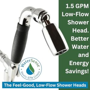 High Sierra Showerheads® - Solid Metal Handheld Shower Head Kit with Slip-Free Grip. Includes Handheld Shower Head, Trickle Valve, Hose with Silicone Inner Tube, and Holder. 1.5 GPM. Chrome