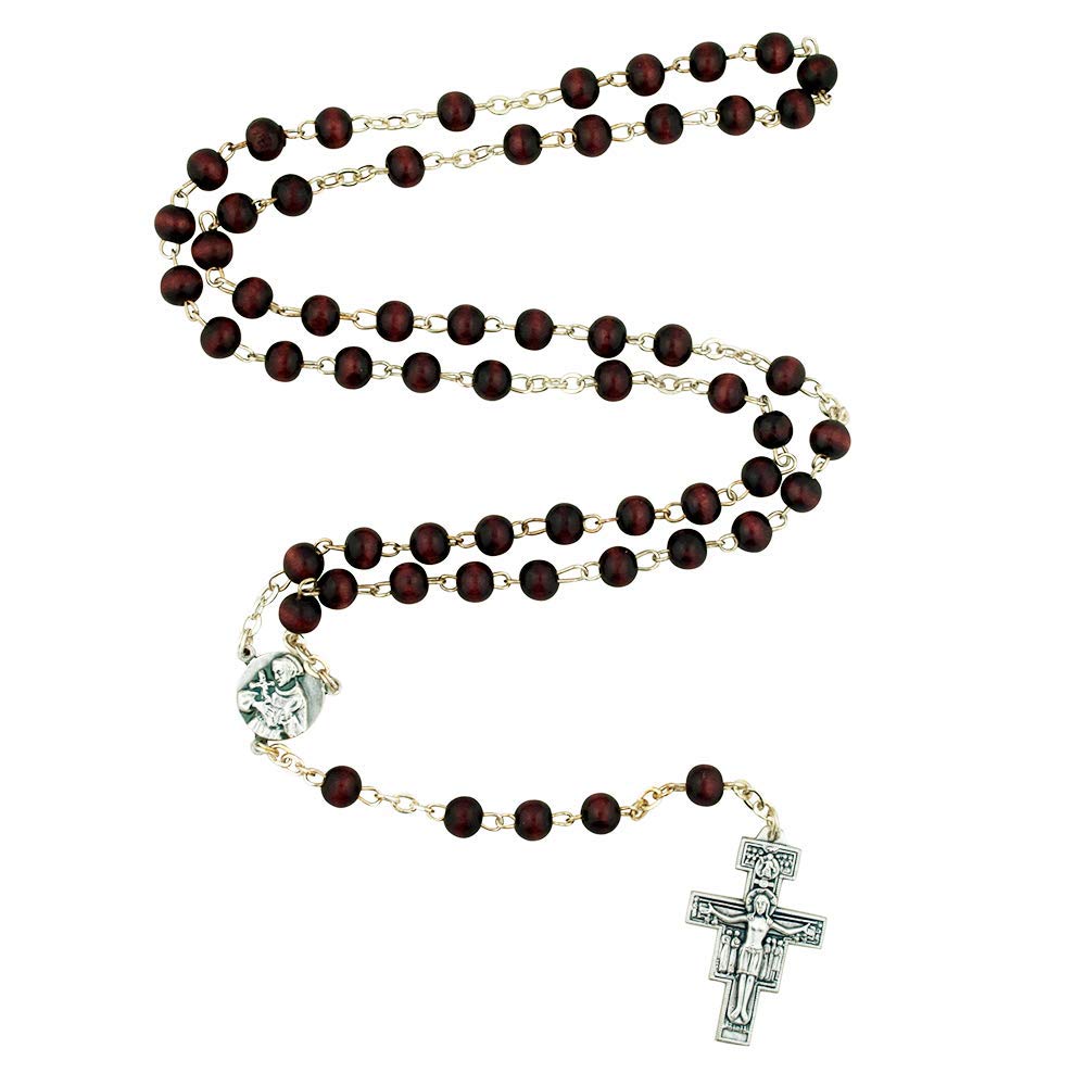 San Damiano Crucifix Cross Rosary | Saint Francis of Assisi Centerpiece | Beautiful Dark Wooden Beads | Christian Devotional Prayer | Great Catholic Gift for First Holy Communion and Confirmation