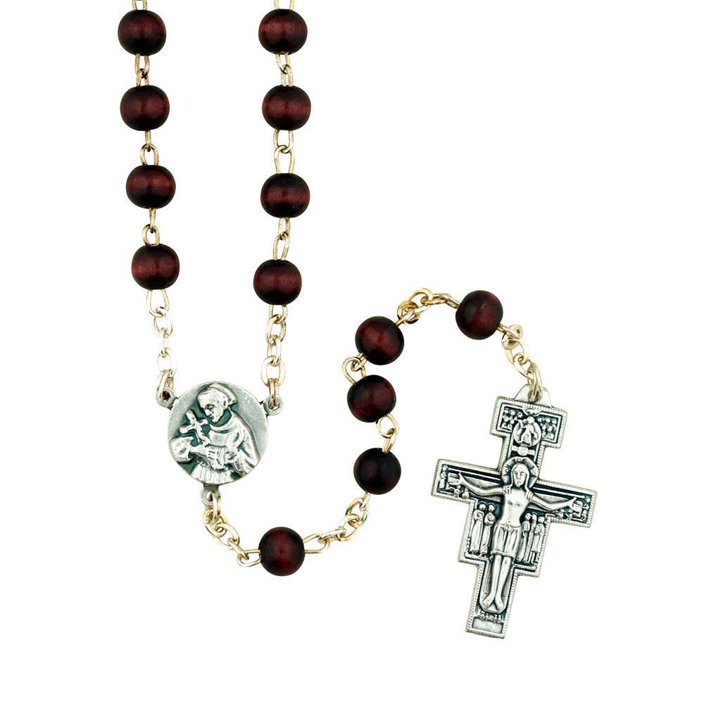 San Damiano Crucifix Cross Rosary | Saint Francis of Assisi Centerpiece | Beautiful Dark Wooden Beads | Christian Devotional Prayer | Great Catholic Gift for First Holy Communion and Confirmation