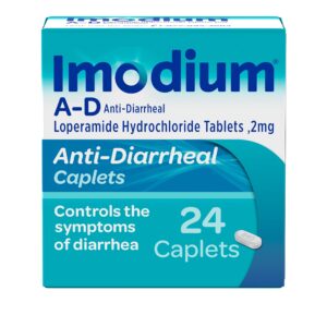 imodium a-d diarrhea relief caplets with loperamide hydrochloride, anti-diarrheal medicine to help control symptoms of diarrhea due to acute, active & traveler's diarrhea, 24 ct.