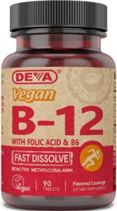 deva vegan vitamin b12 fast dissolve supplement - once-per-day complex with 1000 mcg methylcobalamin b12, folic acid, b6 - lemon flavor - 90 dissolvable tablets,