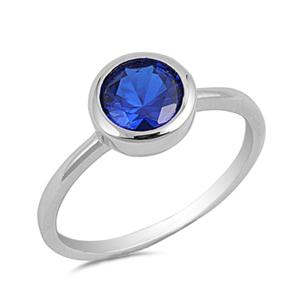 Solitaire Blue Simulated Sapphire Bezel Wedding Ring .925 Sterling Silver Band Size 10