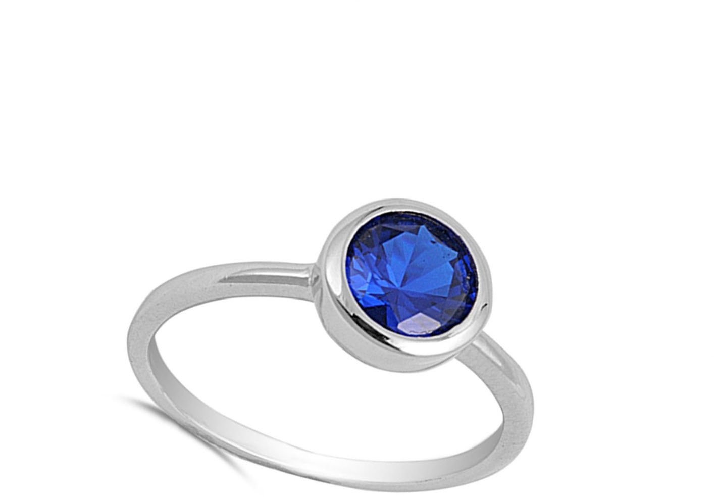 Solitaire Blue Simulated Sapphire Bezel Wedding Ring .925 Sterling Silver Band Size 10