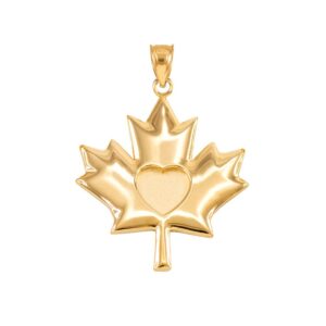 14k Yellow Gold Canadian Heart Maple Leaf Charm Pendant