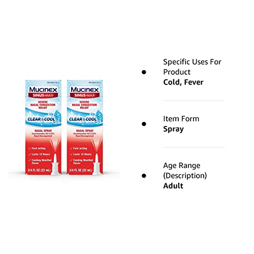 Mucinex Sinus Max Clear & Cool Nasal Decongestant Spray, Cooling Menthol Flavor, 0.75 fl oz, Fast Acting Medicine that Lasts 12 Hours, Relieves Sinus Pressure and Nasal Congestion