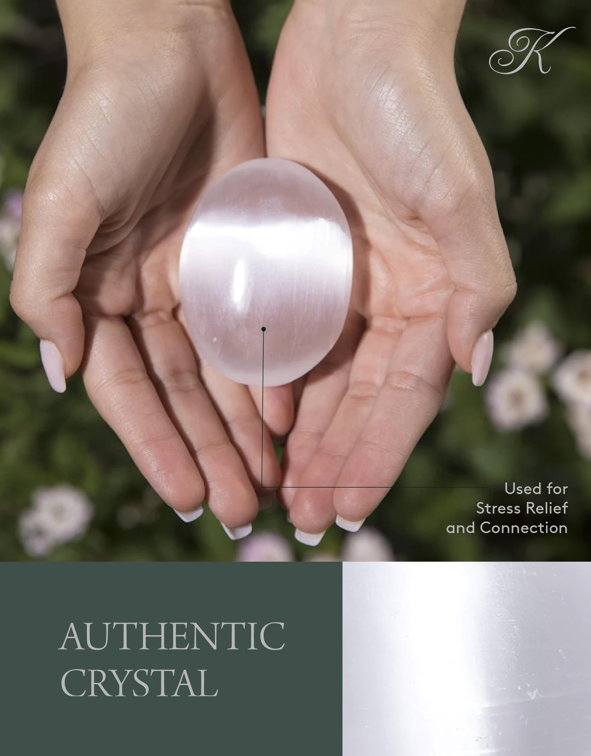 KALIFANO Selenite Palm Stone with Healing & Calming Effects - High Energy Selenita Satin Spar Worry Stone Used for Cleansing and Protection (Information Card Included)