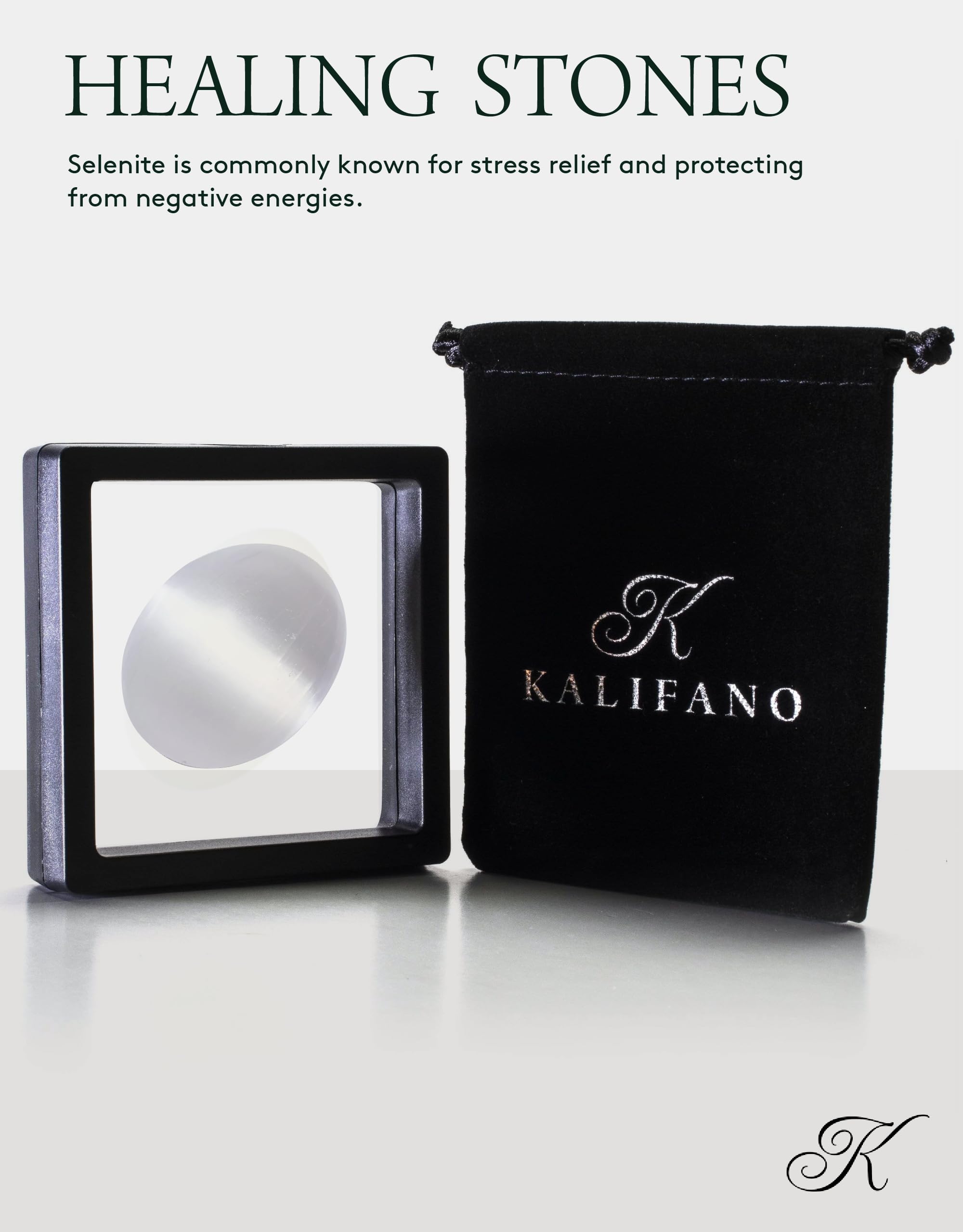 KALIFANO Selenite Palm Stone with Healing & Calming Effects - High Energy Selenita Satin Spar Worry Stone Used for Cleansing and Protection (Information Card Included)