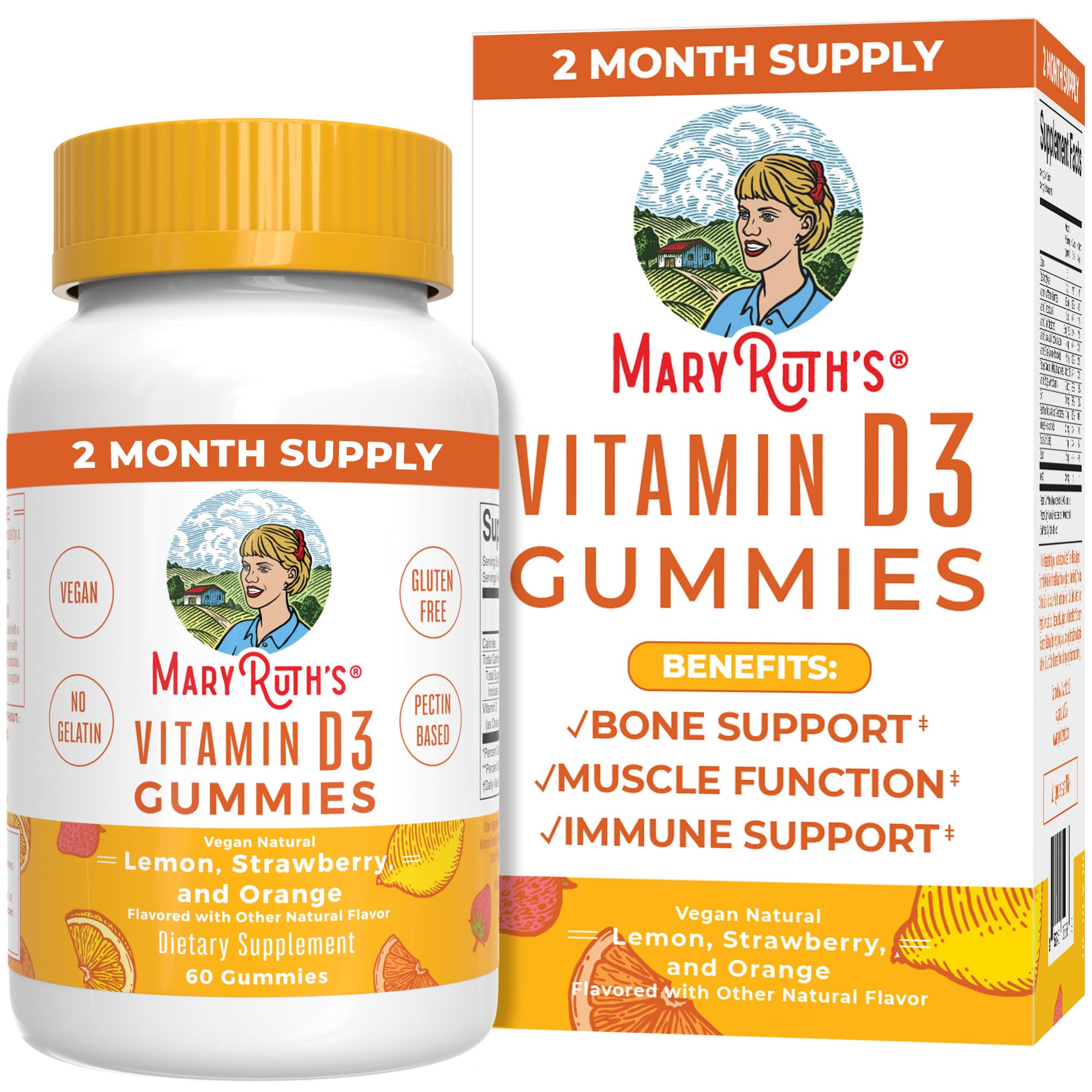 MaryRuth Organics Vitamin D3 Gummies, 2 Month Supply, Adults & Kids Gummies, Immune Support Supplement, Vitamin D3 1000IU for Bone Health & Muscle Function, Vegan, Non-GMO, Gluten Free, 60 Count