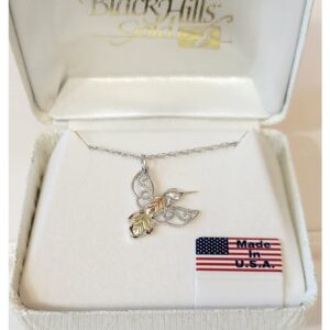 Black Hills Gold Sterling Silver Granulated Bead Hummingbird Pendant Necklace for Women Adorned with 12k Green and Rose Gold Leaf Accents, Ideal Present for Various Occasions, Gift Box Included