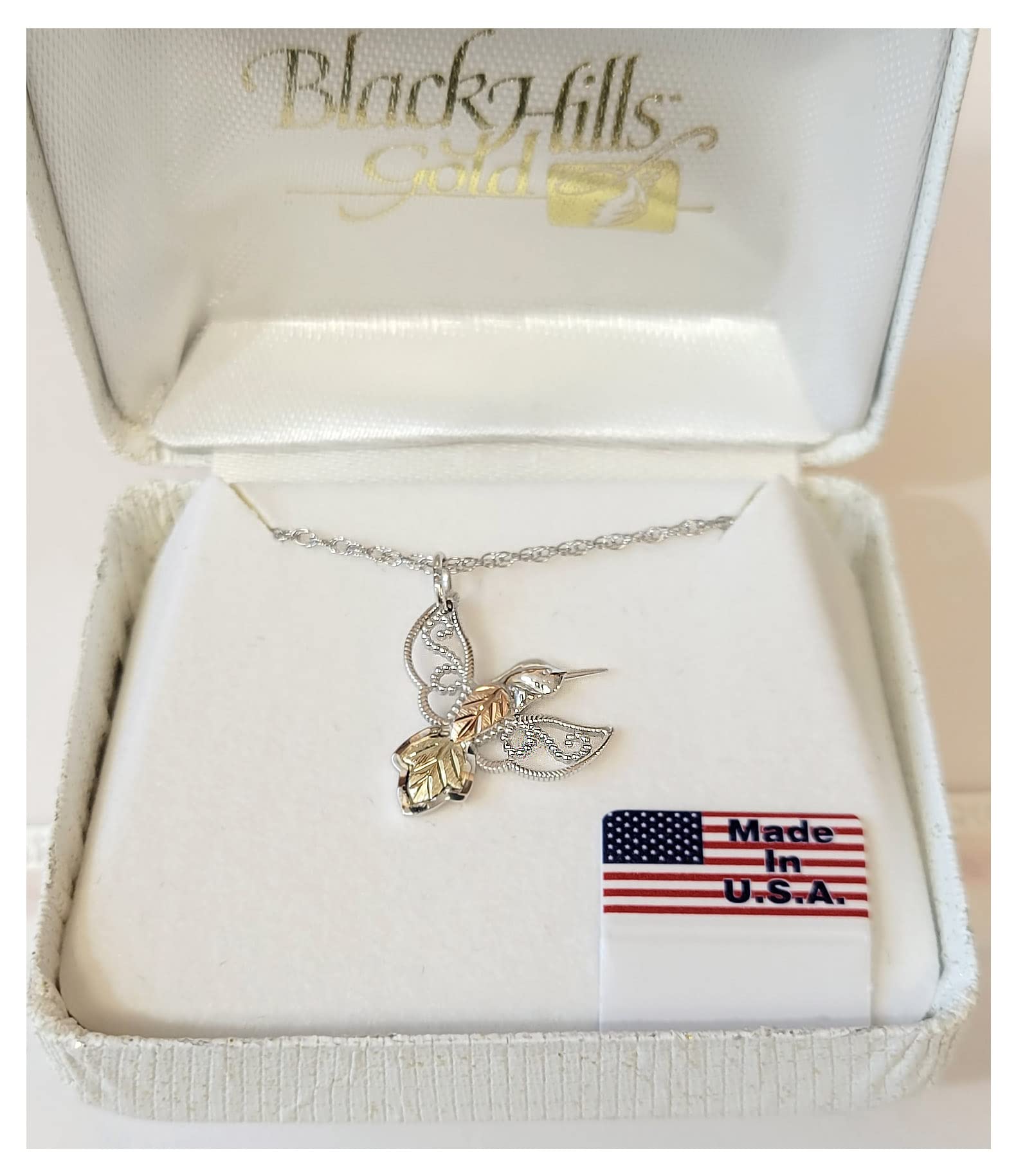 Black Hills Gold Sterling Silver Granulated Bead Hummingbird Pendant Necklace for Women Adorned with 12k Green and Rose Gold Leaf Accents, Ideal Present for Various Occasions, Gift Box Included