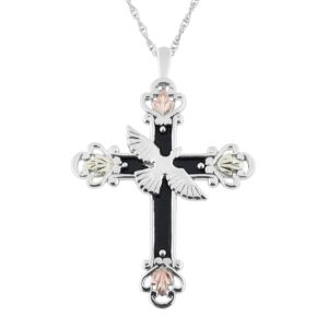 Antiqued Dove Cross Necklace, Sterling Silver, 12k Green and Rose Black Hills Gold 18 Inches