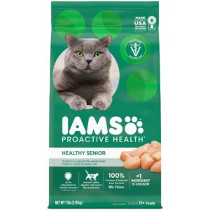 iams proactive health healthy senior dry cat food with chicken cat kibble, 7 lb. bag