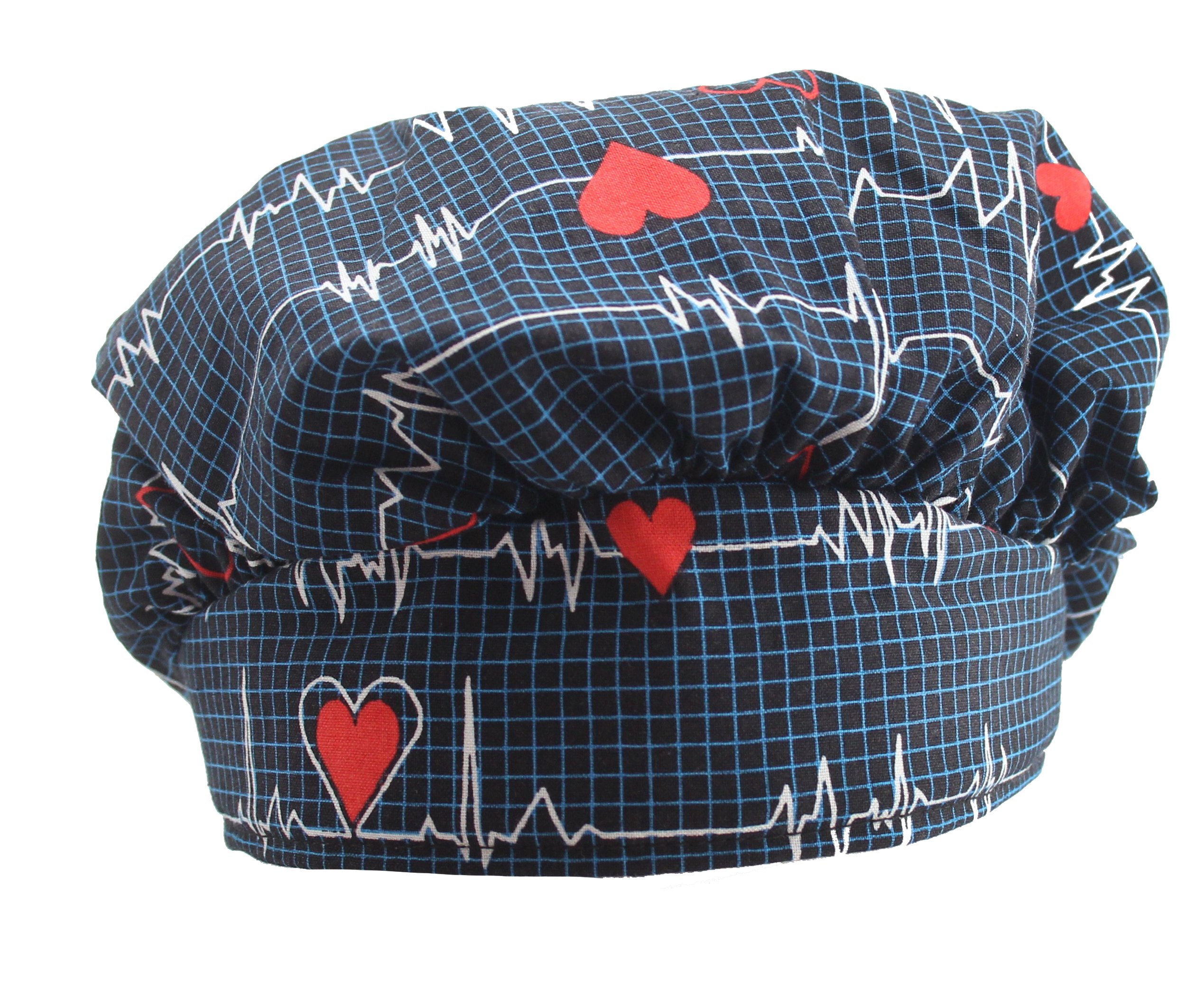 Bouffant Navy Blue Heart Beat EKG Scrub Cap with Adjustable tie