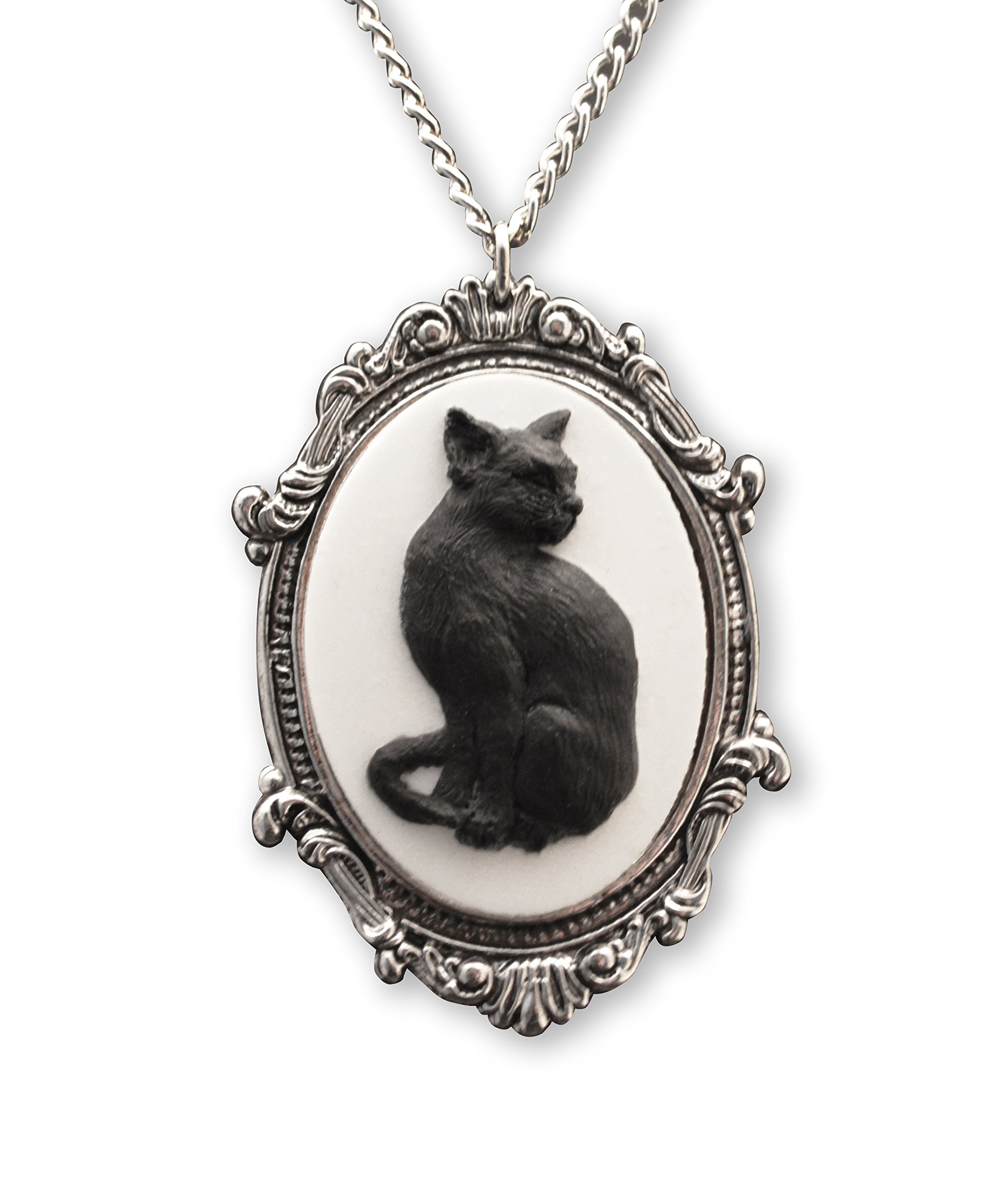 Real Metal Black Cat Cameo in Antique Silver Finish Pewter Frame Pendant Necklace