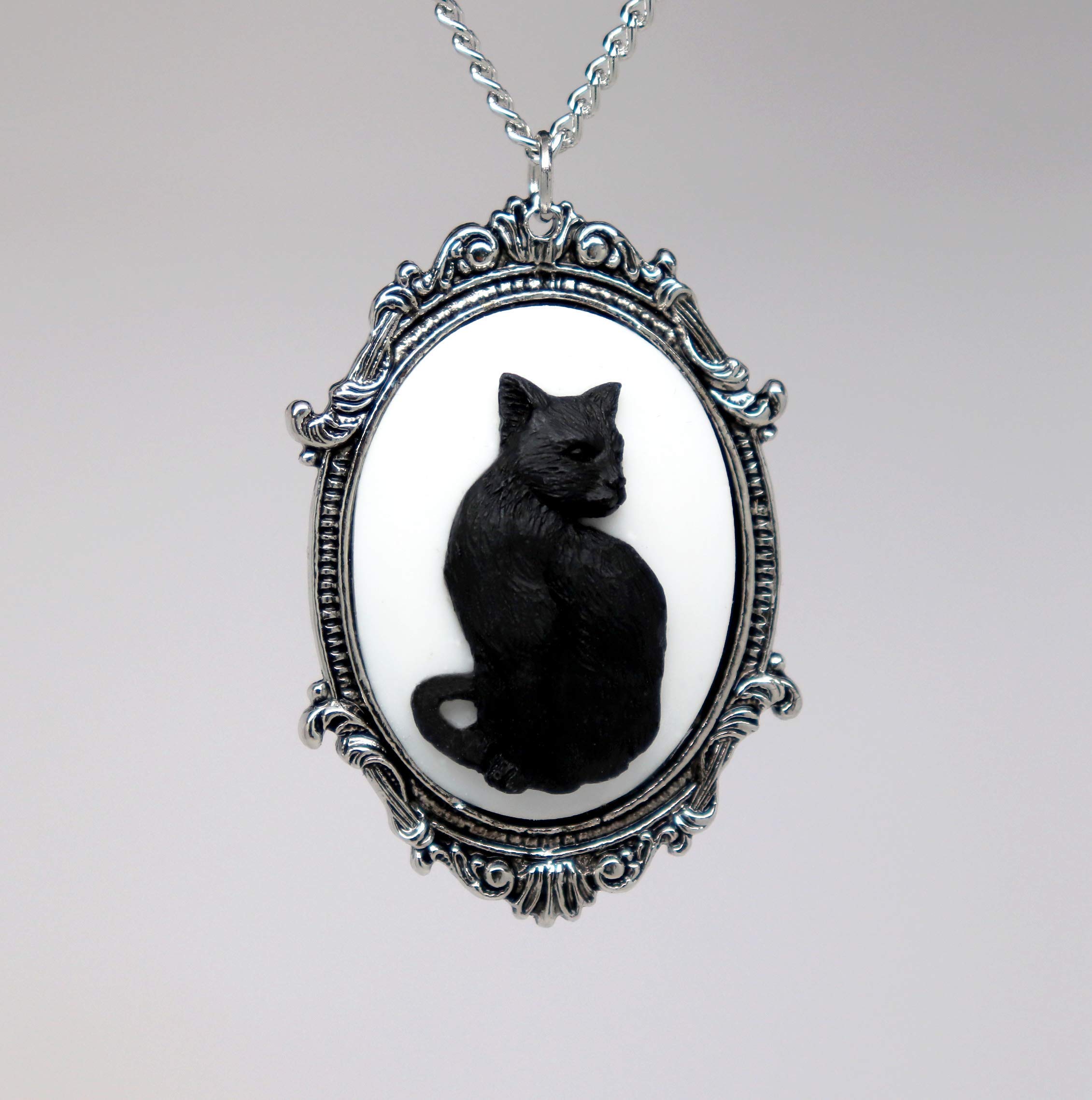 Real Metal Black Cat Cameo in Antique Silver Finish Pewter Frame Pendant Necklace