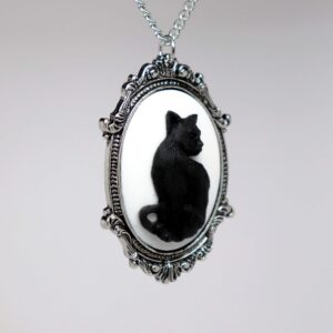 Real Metal Black Cat Cameo in Antique Silver Finish Pewter Frame Pendant Necklace