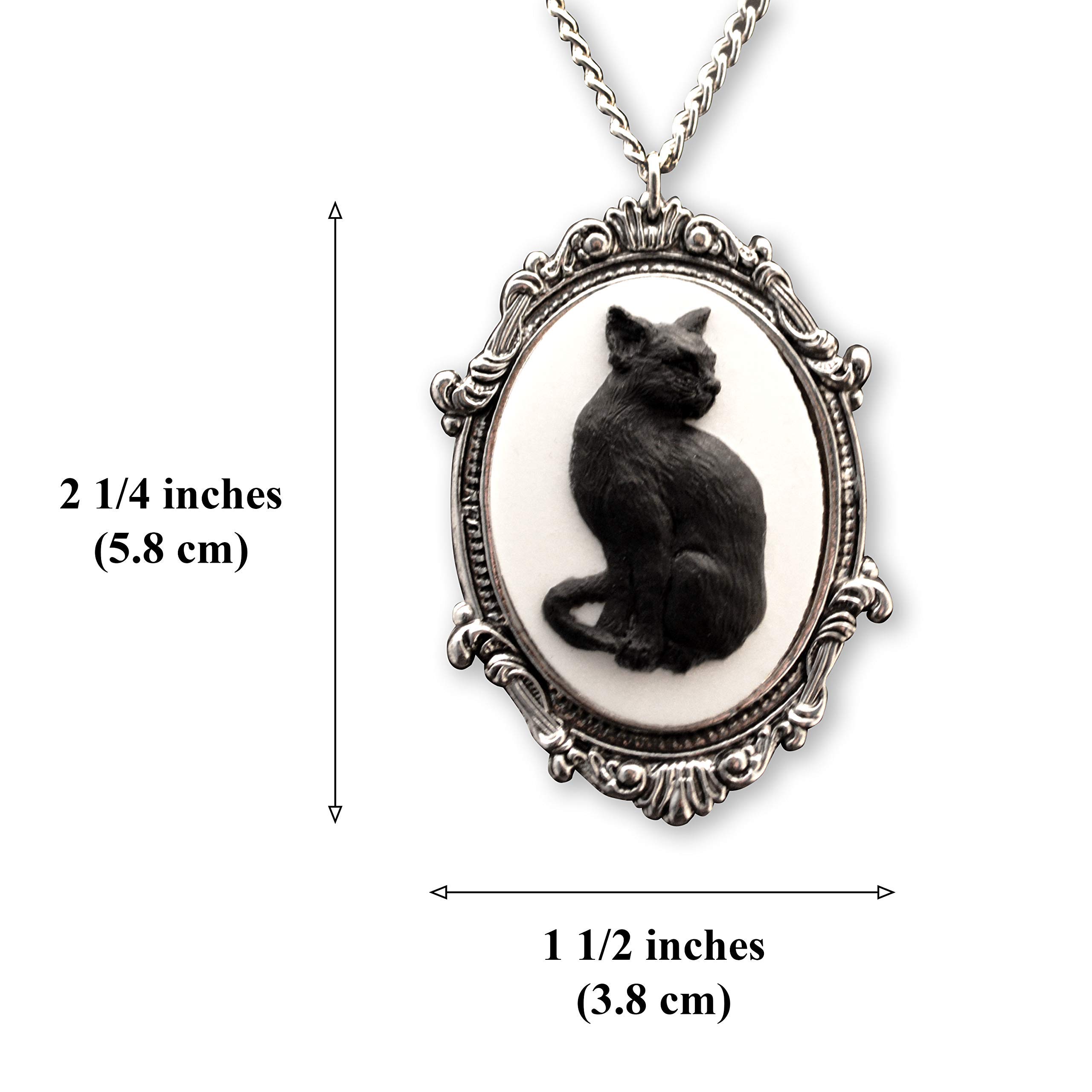 Real Metal Black Cat Cameo in Antique Silver Finish Pewter Frame Pendant Necklace