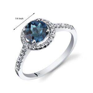 PEORA London Blue Topaz Ring for Women 14K White Gold with White Topaz, Genuine Gemstone Birthstone, 1.25 Carats Round Shape 6.5mm, Halo Design, Size 5