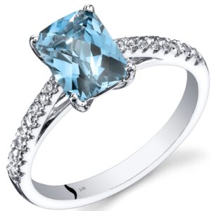 PEORA Swiss Blue Topaz with White Topaz Venetian Solitaire Ring for Women 14K White Gold, Genuine Gemstone Birthstone, 1.75 Carats Radiant Cut 8x6mm, Size 6