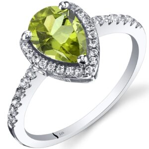 peora peridot teardrop halo ring for women 14k white gold with white topaz, natural gemstone birthstone, 1.25 carats pear shape 9x6mm, size 9 - august birthstone gift, real peridot jewelry