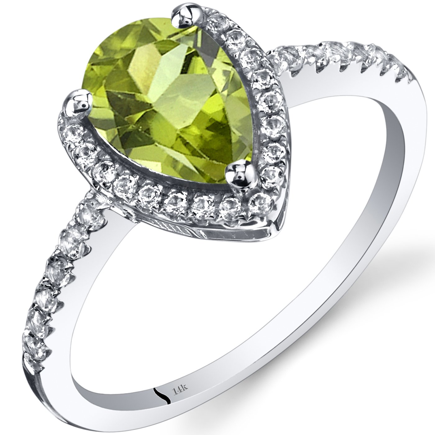 PEORA Peridot Teardrop Halo Ring for Women 14K White Gold with White Topaz, Natural Gemstone Birthstone, 1.25 Carats Pear Shape 9x6mm, Size 9 - August Birthstone Gift, Real Peridot Jewelry