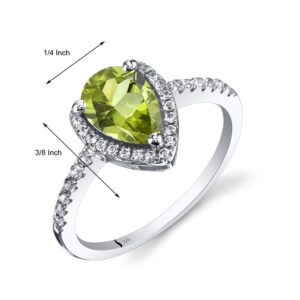 PEORA Peridot Teardrop Halo Ring for Women 14K White Gold with White Topaz, Natural Gemstone Birthstone, 1.25 Carats Pear Shape 9x6mm, Size 9 - August Birthstone Gift, Real Peridot Jewelry