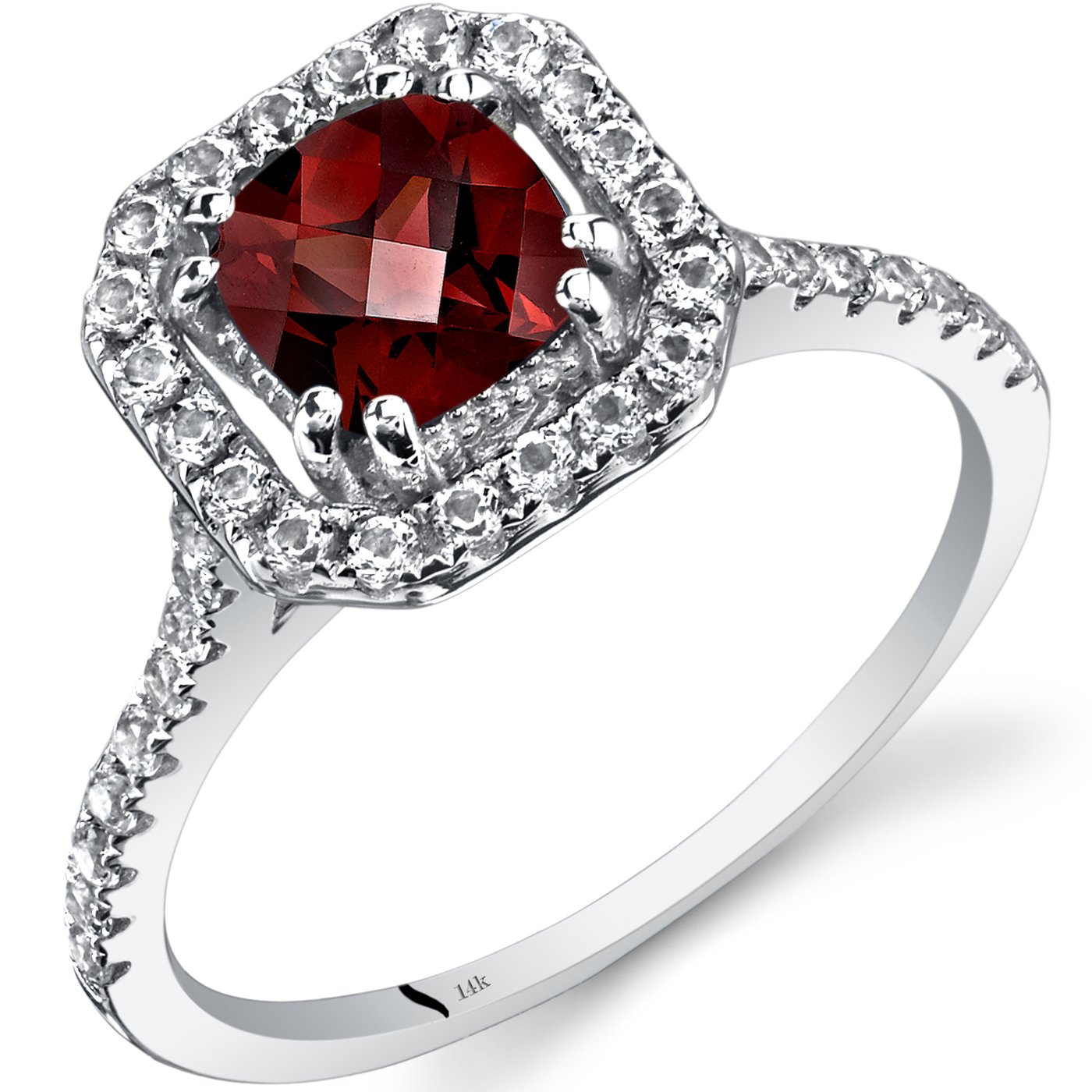 PEORA Garnet Ring for Women 14K White Gold with White Topaz, Genuine Gemstone Birthstone, 1.38 Carats total Cushion Cut 6mm, Halo Design, Size 5