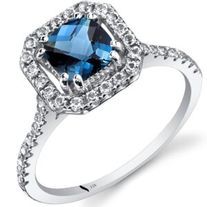 PEORA London Blue Topaz Ring for Women 14K White Gold with White Topaz, Genuine Gemstone Birthstone, 1 Carat Cushion Cut 6mm, Halo Design, Size 8