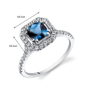 PEORA London Blue Topaz Ring for Women 14K White Gold with White Topaz, Genuine Gemstone Birthstone, 1 Carat Cushion Cut 6mm, Halo Design, Size 8