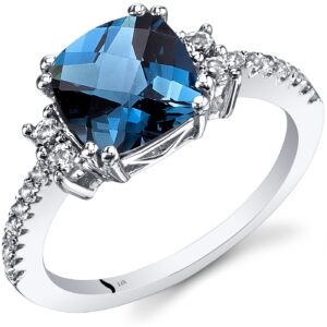 PEORA London Blue Topaz Ring for Women 14K White Gold with White Topaz, Natural Gemstone Birthstone, Designer 2.50 Carats Cushion Cut 8mm, Comfort Fit, Size 7