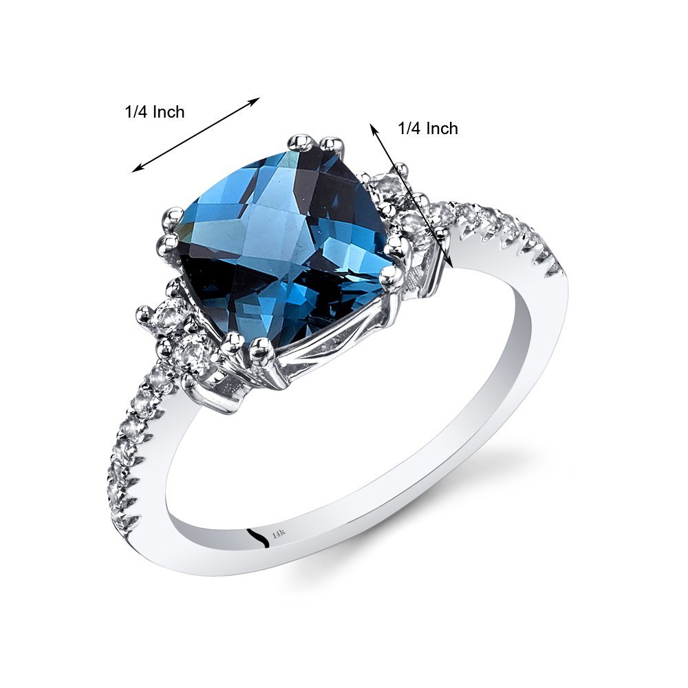 PEORA London Blue Topaz Ring for Women 14K White Gold with White Topaz, Natural Gemstone Birthstone, Designer 2.50 Carats Cushion Cut 8mm, Comfort Fit, Size 7