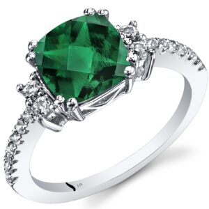 PEORA Created Emerald Ring in 14K White Gold with Genuine White Topaz, Designer Cushion Cut, 2 Carats, Comfort Fit, Size 8