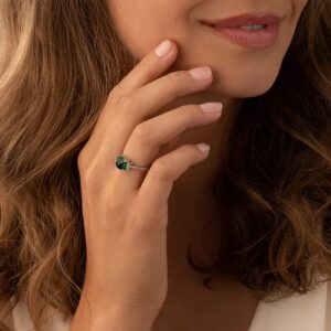 PEORA Created Emerald Ring in 14K White Gold with Genuine White Topaz, Designer Cushion Cut, 2 Carats, Comfort Fit, Size 8