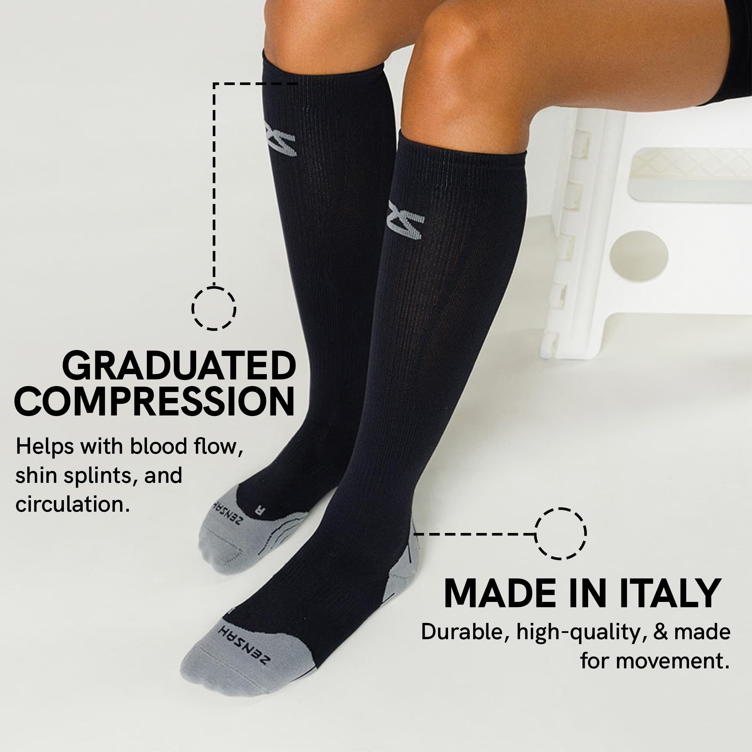 Zensah Standard Tech+ Compression Socks, Heather Grey, Medium (Men's 7-9.5, Women's 8.5-11)