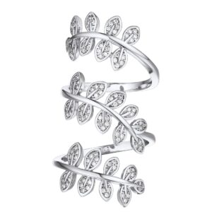 u7 women clear cz platinum plated leaf shape full finger long ring, statement cocktail ring, bride ring adjustable