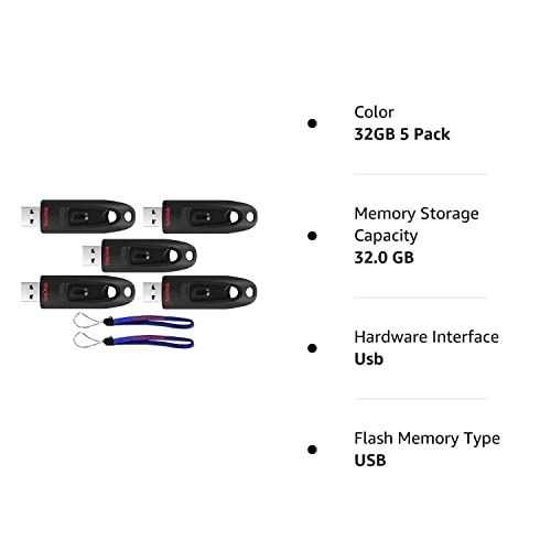 SanDisk 32GB (Five Pack) USB 3.0 Flash Ultra Memory Drive CZ48 - Bundle with (2) Everything But Stromboli Lanyard