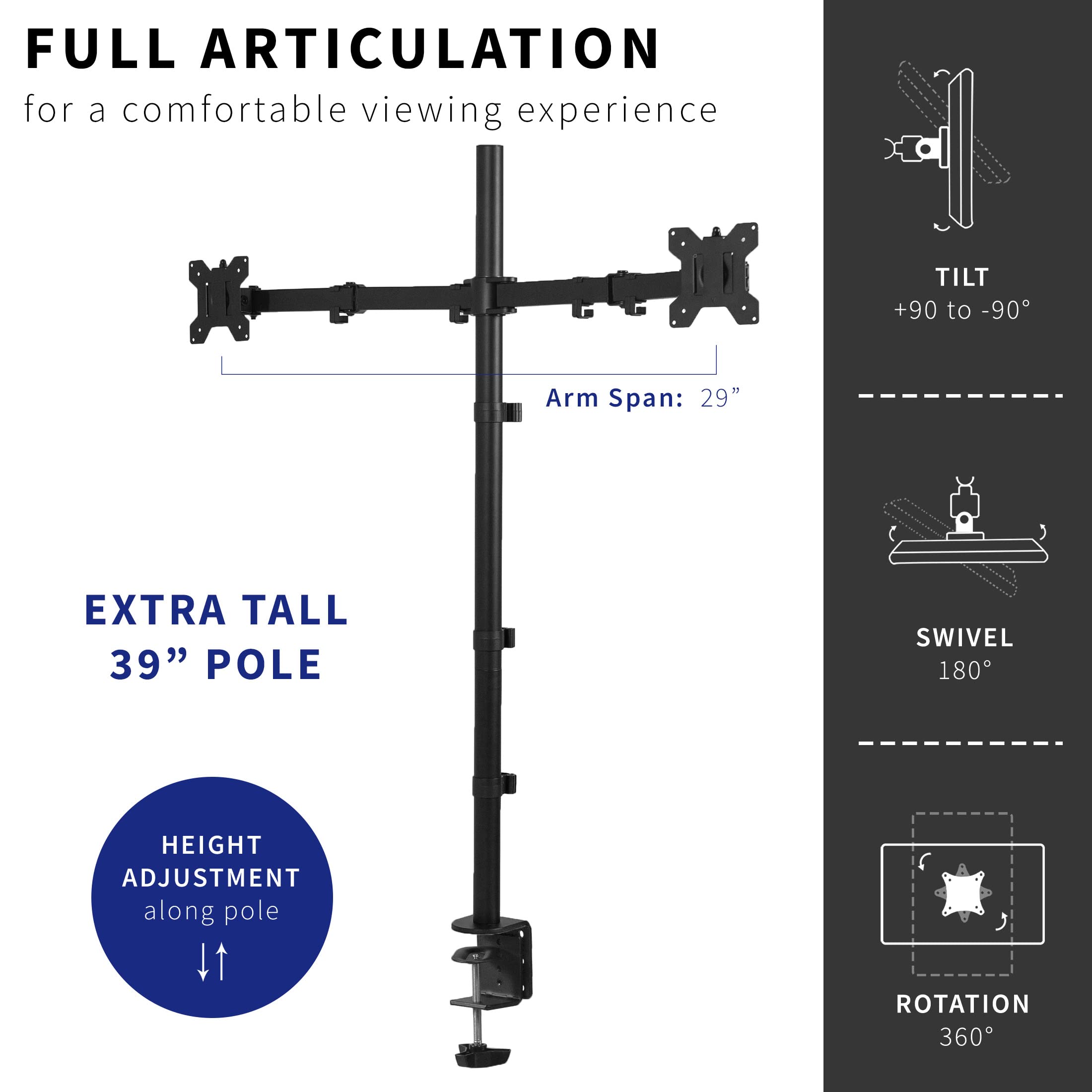 VIVO Dual Monitor Stand Up Desk Mount Extra Tall 39 inch Pole, Fully Adjustable Stand for up to 27 inch Screens, Black, STAND-V012