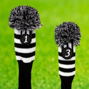 Pacific Golf Clubs Head Covers 1 3 Black and White Knit Retro Old School Vintage Stripe Pom Pom Throwback Classic