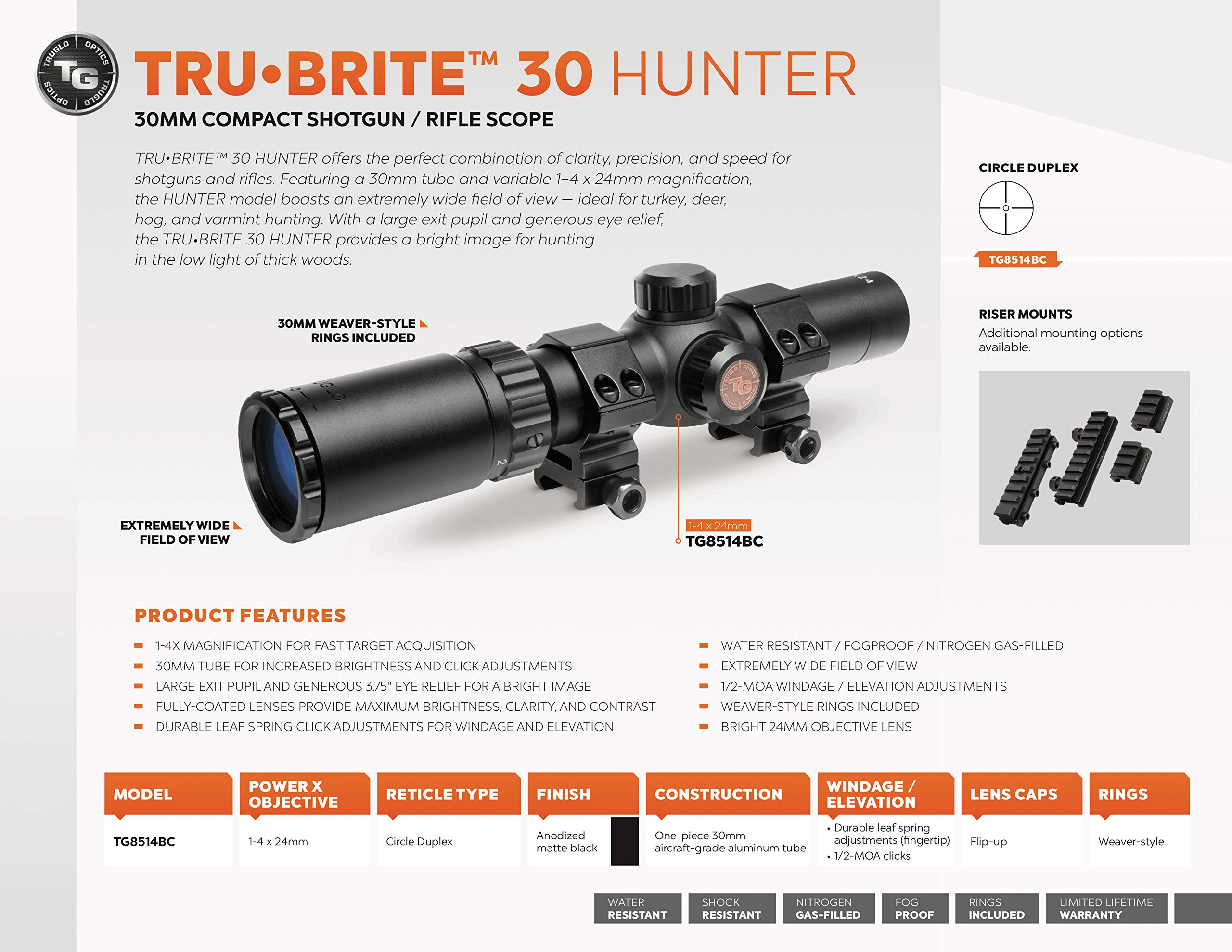 TRUGLO TruBrite 30 Hunter 30mm Compact Waterproof, Shockproof, Fogproof Gun Hunting Scope, 1-4 x 24mm, Matte Black