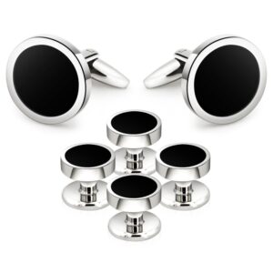 Mr.Van Onyx Cufflinks and Studs Set Formal Black Silver Groomsmen Groom Wedding Gift Cuff Links