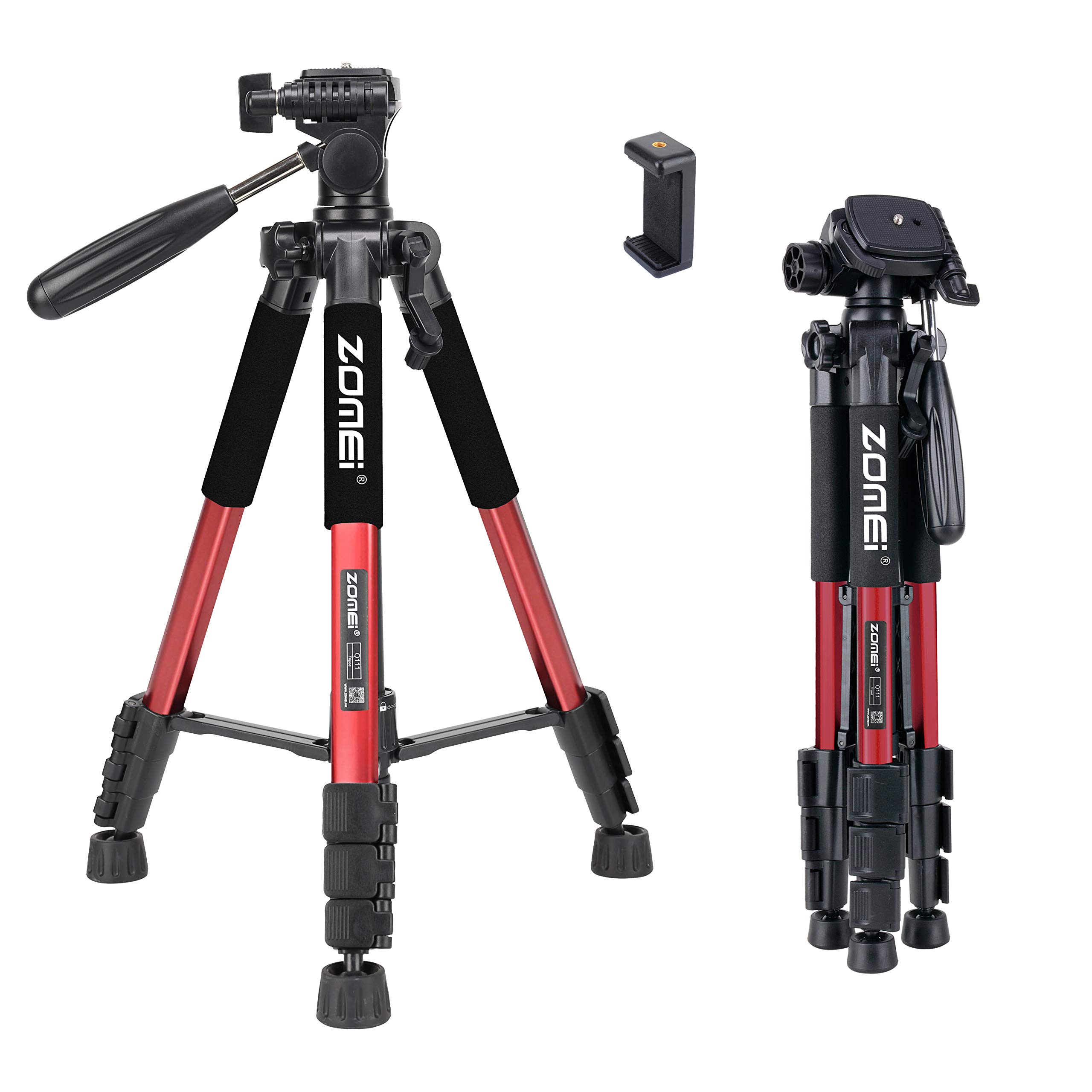 55" Tripod Q111 Travel Camera Tripod with 3-Way Pan Head and Phone Holder Mount for Gopro,Projector,Smartphones Webcam,Spotting Scopesto Live Broadcast and DSLR EOS Canon Nikon Sony Samsung(Red)