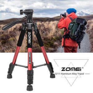 55" Tripod Q111 Travel Camera Tripod with 3-Way Pan Head and Phone Holder Mount for Gopro,Projector,Smartphones Webcam,Spotting Scopesto Live Broadcast and DSLR EOS Canon Nikon Sony Samsung(Red)