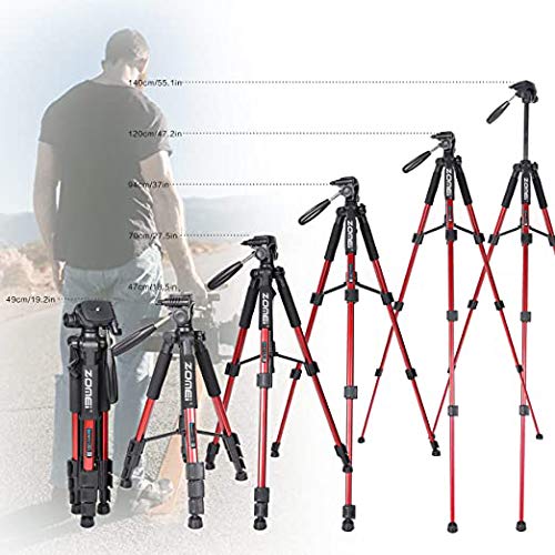 55" Tripod Q111 Travel Camera Tripod with 3-Way Pan Head and Phone Holder Mount for Gopro,Projector,Smartphones Webcam,Spotting Scopesto Live Broadcast and DSLR EOS Canon Nikon Sony Samsung(Red)